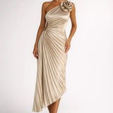 Dames One Shoulder Midi Jurk Met Plooien