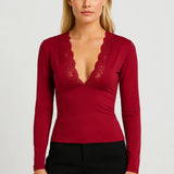 Elegante Top met Kant V Hals en Lange Mouwen