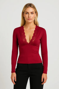 Elegante Top met Kant V Hals en Lange Mouwen
