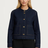 Korte Denim Jas met Gouden Knopen en Moderne Pasvorm