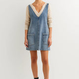 Casual Denim Mini Jurk met V Hals en Mouwloos Design