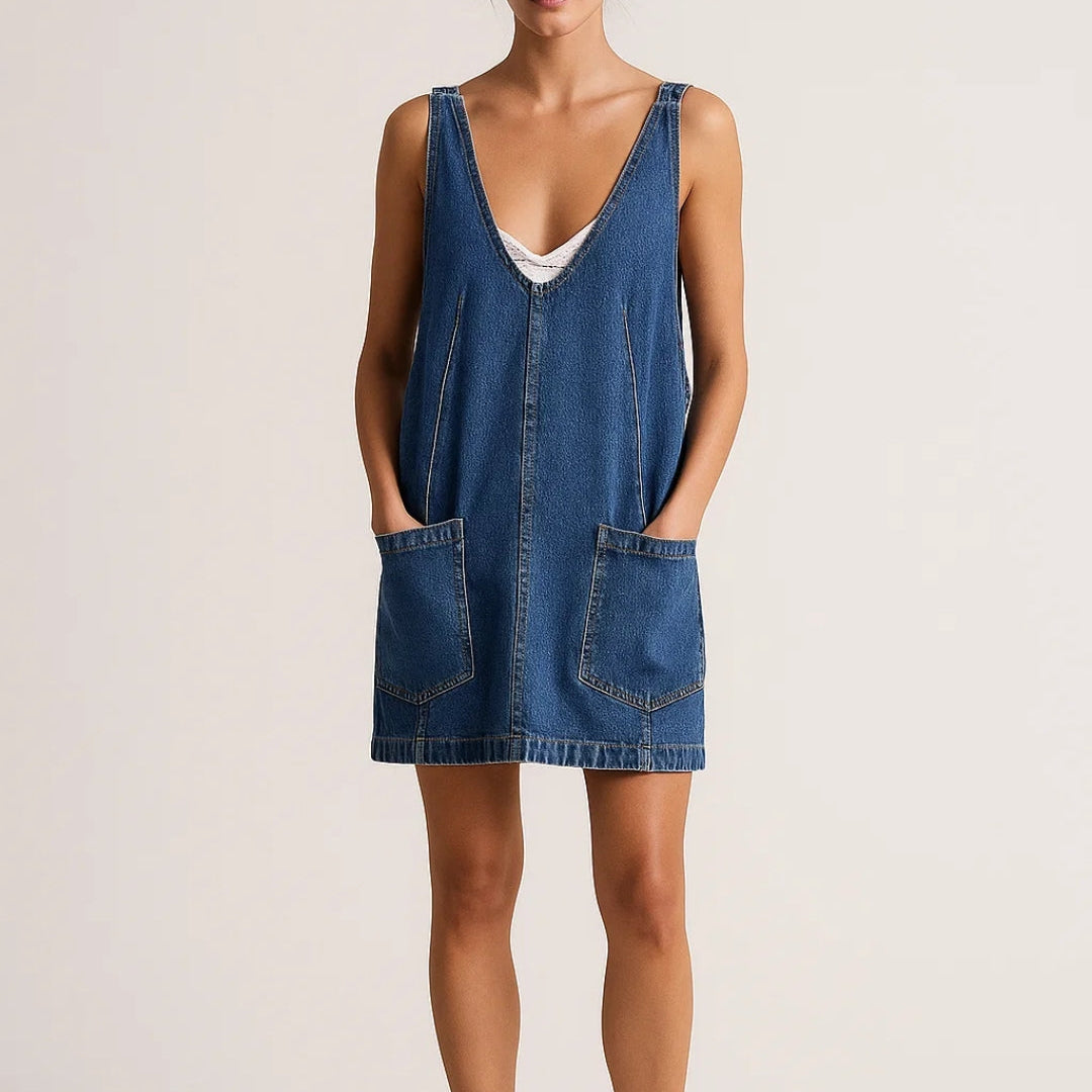 Casual Denim Mini Jurk met V Hals en Mouwloos Design