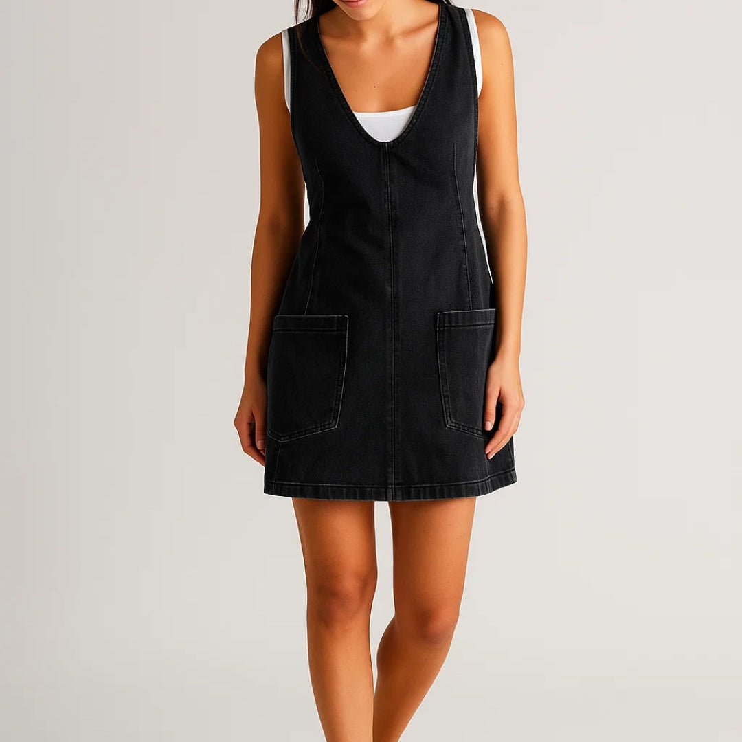 Casual Denim Mini Jurk met V Hals en Mouwloos Design