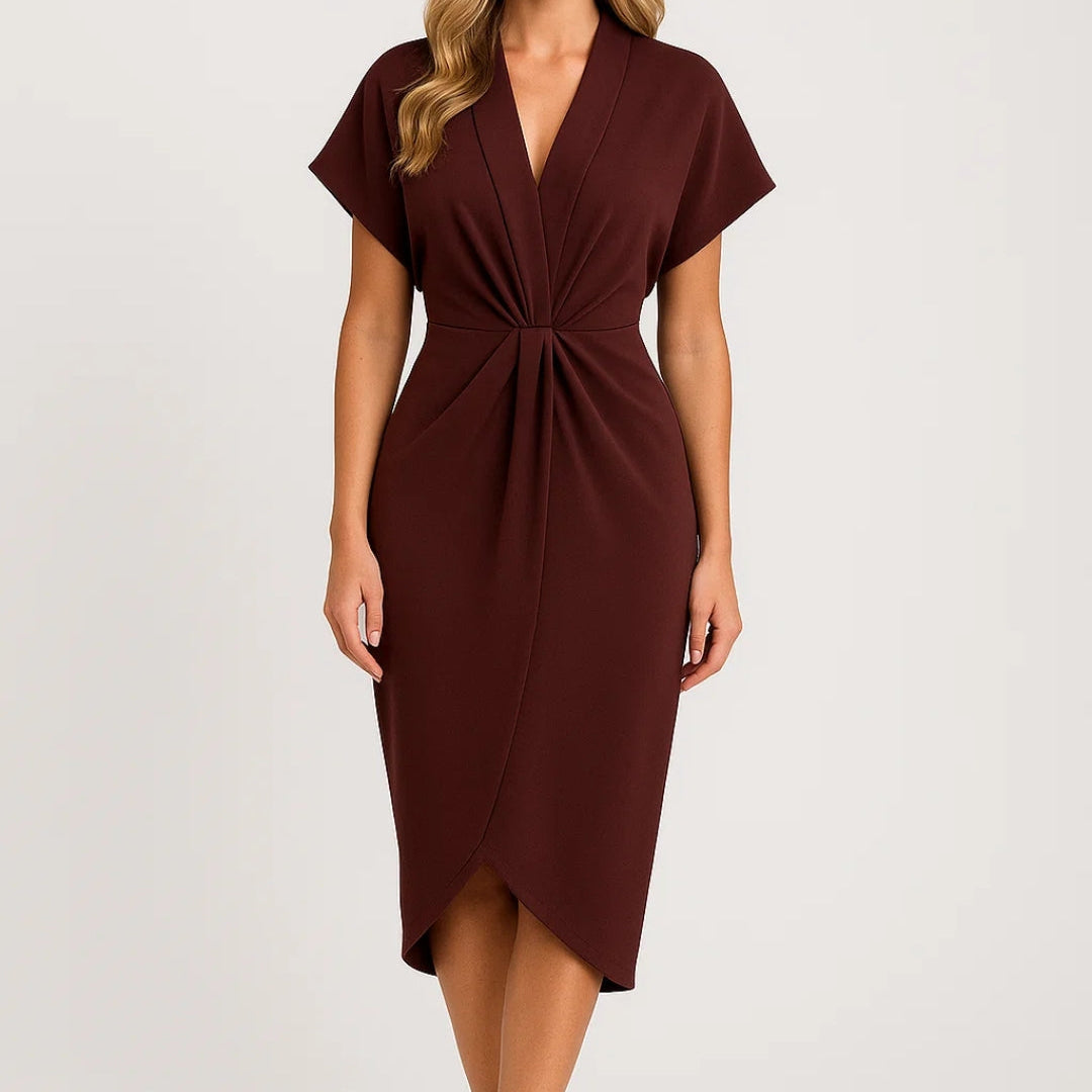 Elegante Midi Wikkeljurk met V Hals en Korte Mouwen