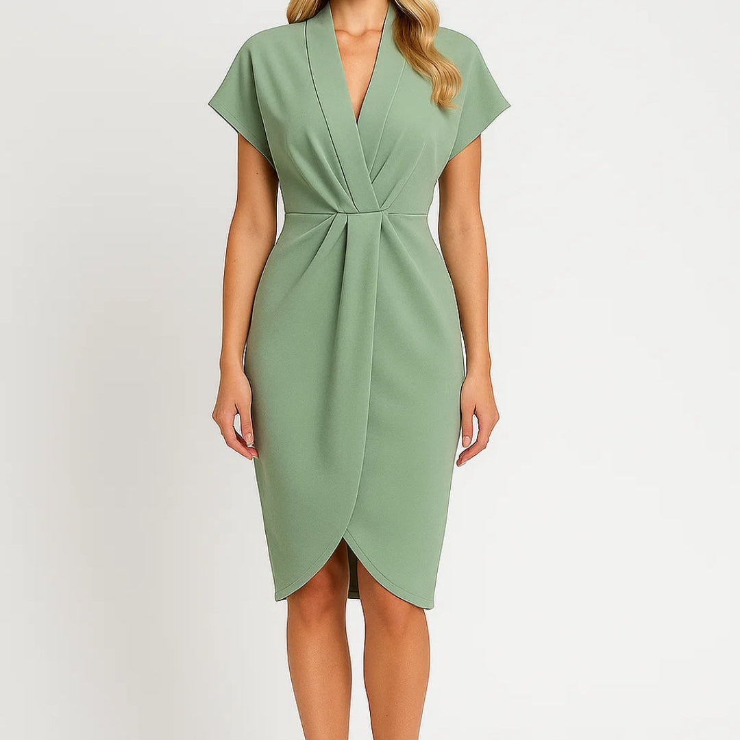 Elegante Midi Wikkeljurk met V Hals en Korte Mouwen