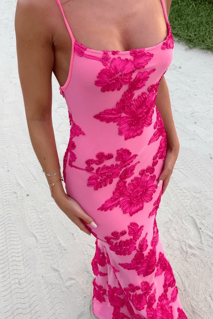 Ziska | Figuuraccentuerende Roze Bloemen Maxikleed - Elegant met Romantische Flair