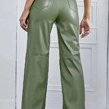 Dames Leren Broek – High-Waist Broek met Wijde Pijpen, Volledige Lengte & Zakken