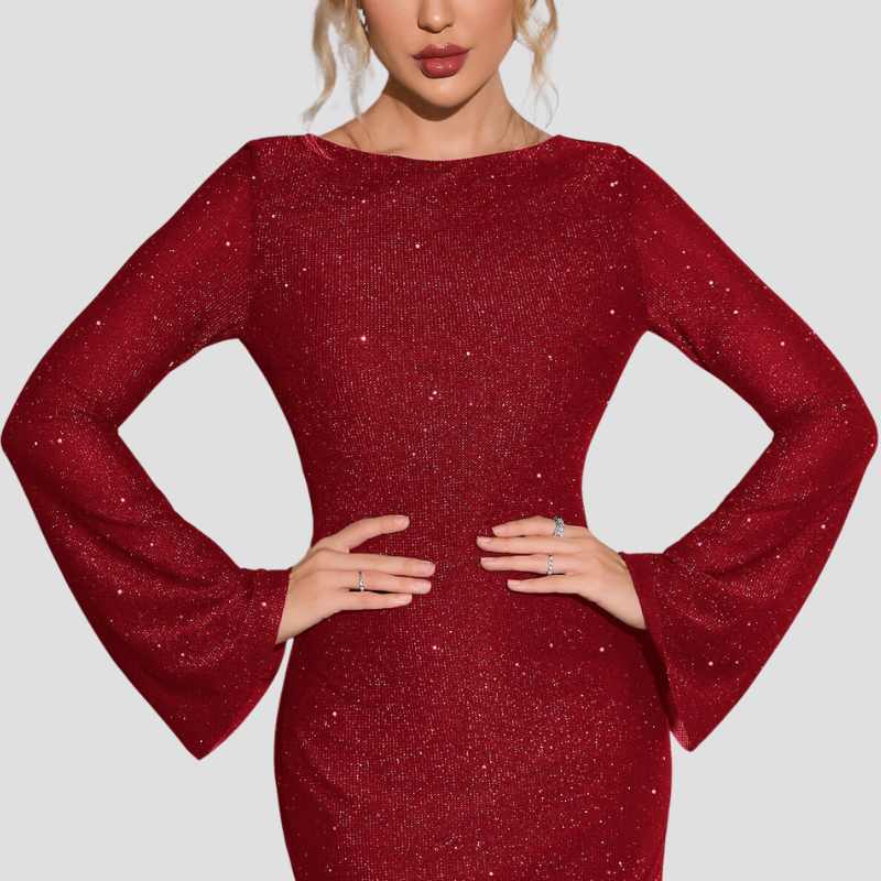 Glitter Jurk Dames – Stijlvolle Feestjurk met Open Rug en Lange Mouwen