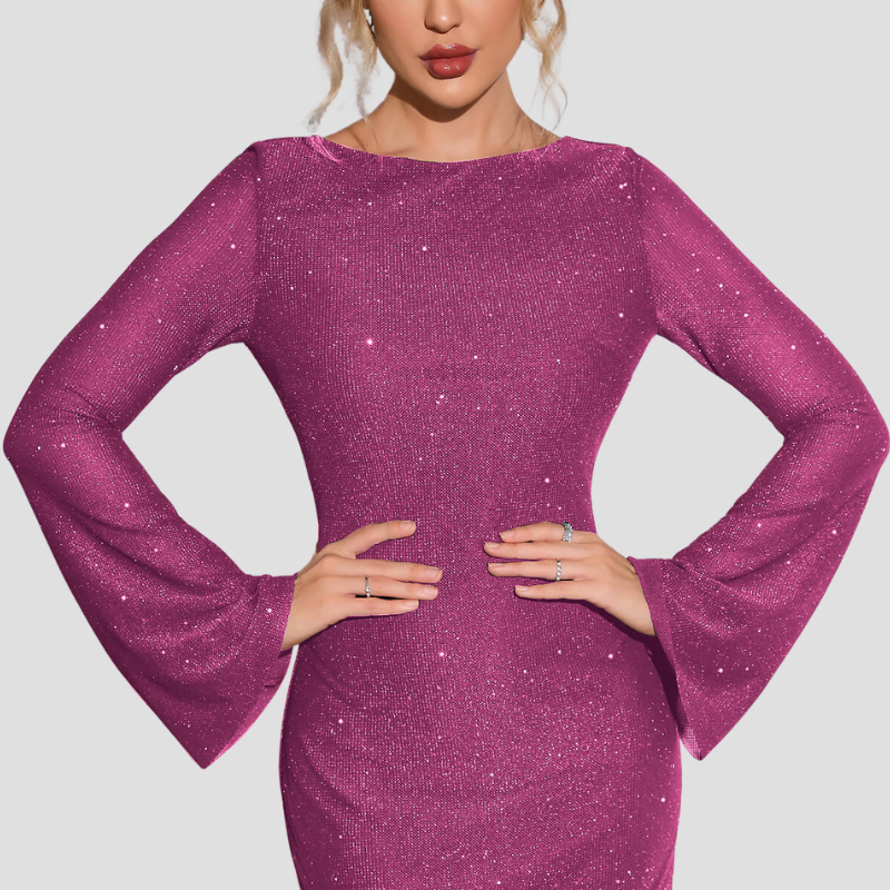 Glitter Jurk Dames – Stijlvolle Feestjurk met Open Rug en Lange Mouwen