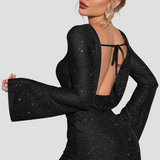 Glitter Jurk Dames – Stijlvolle Feestjurk met Open Rug en Lange Mouwen