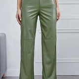 Dames Leren Broek – High-Waist Broek met Wijde Pijpen, Volledige Lengte & Zakken
