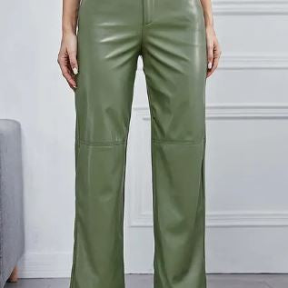 Dames Leren Broek – High-Waist Broek met Wijde Pijpen, Volledige Lengte & Zakken