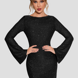Glitter Jurk Dames – Stijlvolle Feestjurk met Open Rug en Lange Mouwen