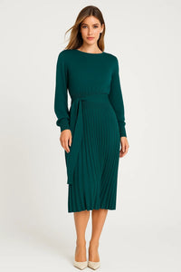 Elegante Midi Jurk met Lange Mouwen en Plooirok