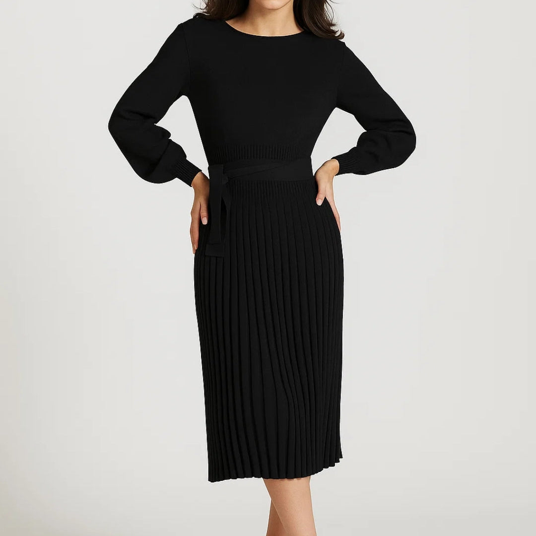 Elegante Midi Jurk met Lange Mouwen en Plooirok