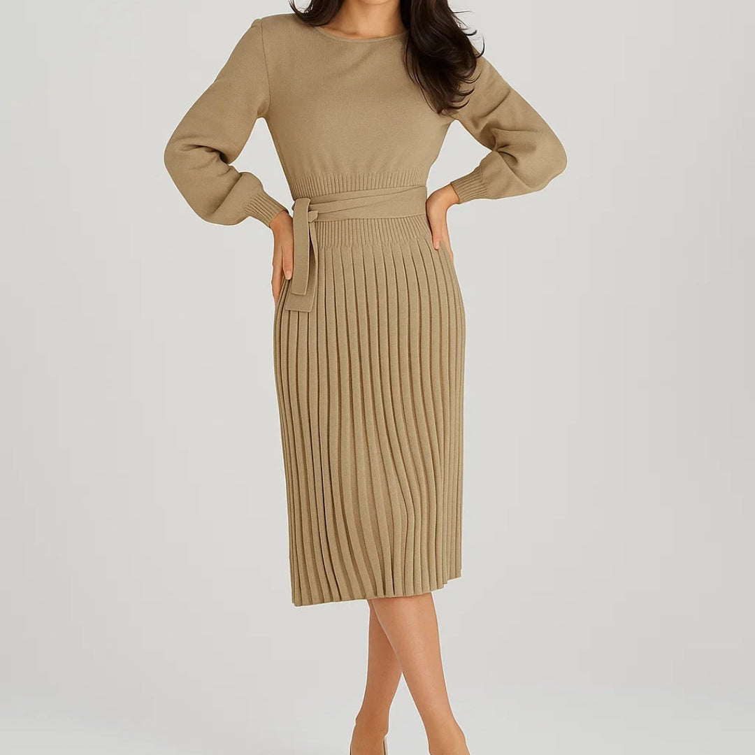 Elegante Midi Jurk met Lange Mouwen en Plooirok