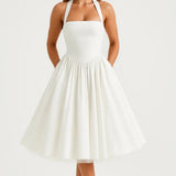 Elegante Halter Midi Jurk met Uitlopende Rok