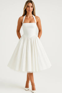 Elegante Halter Midi Jurk met Uitlopende Rok