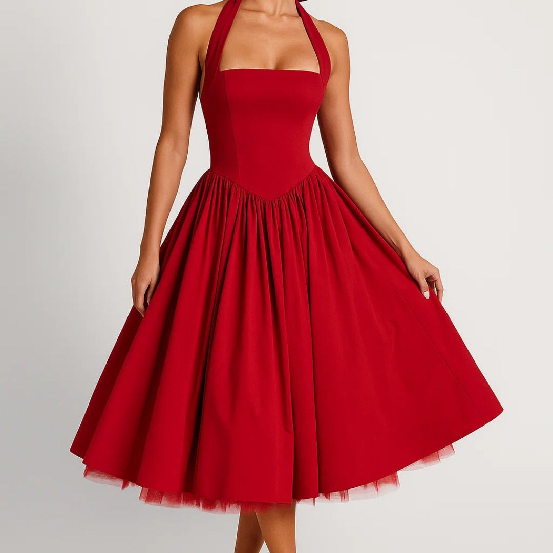 Elegante Halter Midi Jurk met Uitlopende Rok