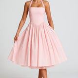 Elegante Halter Midi Jurk met Uitlopende Rok