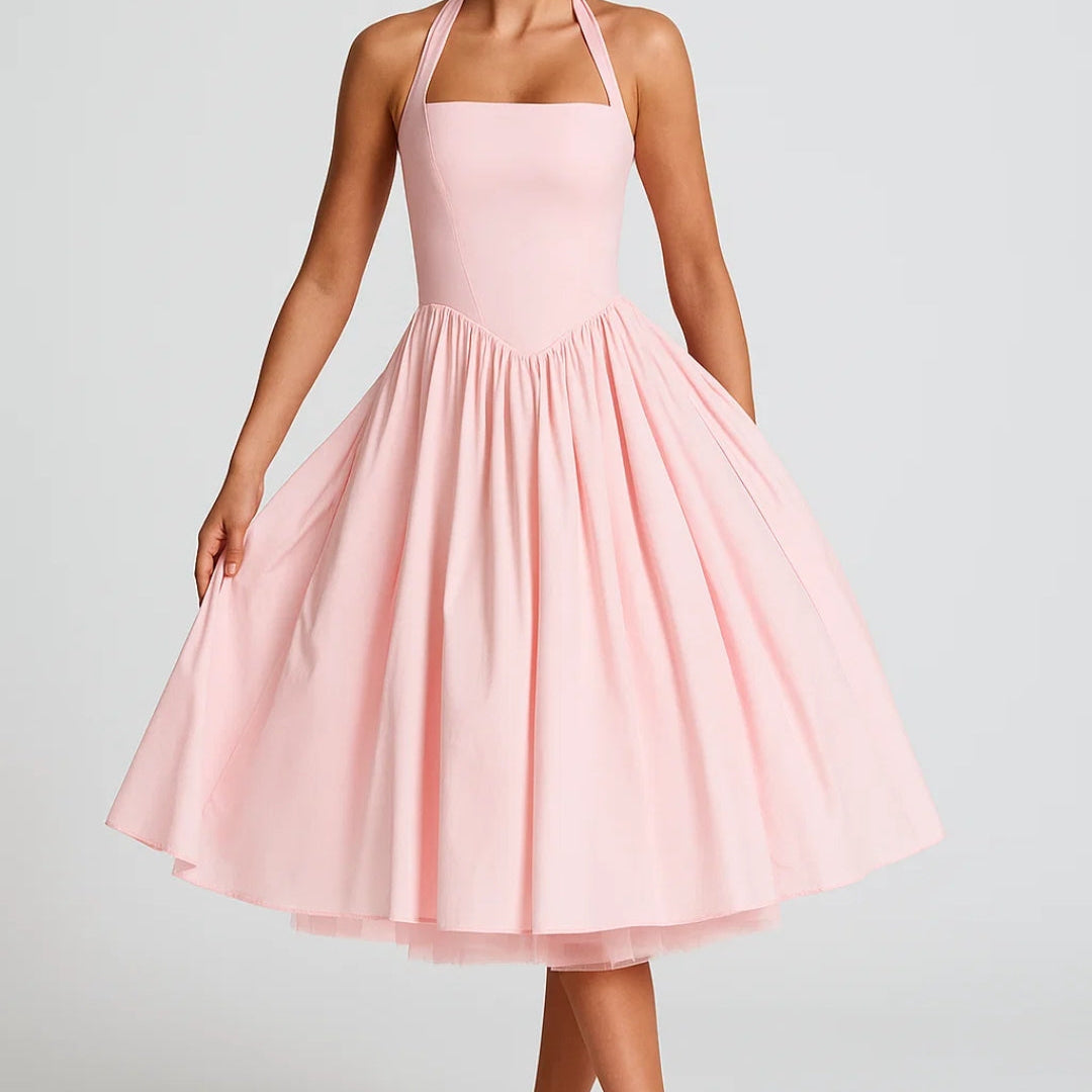 Elegante Halter Midi Jurk met Uitlopende Rok en Tailleaccent