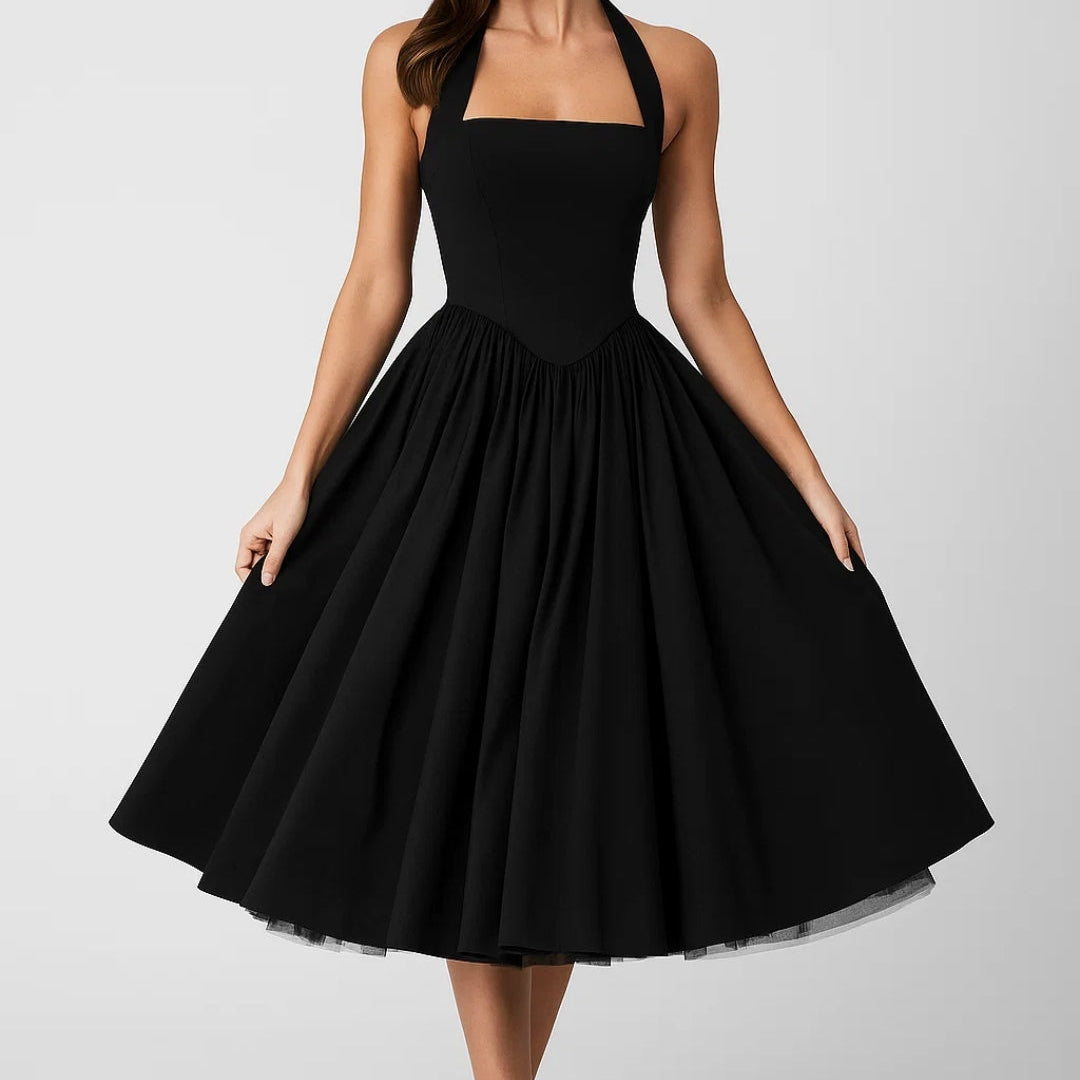 Elegante Halter Midi Jurk met Uitlopende Rok