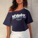 Ik Heb Dat Gevoel Boxy Off Shoulder T-shirt Marineblauw – Schattig, Licht en Stijlvol