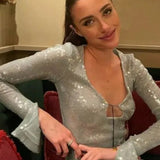 Maya | Spitze Front Lange Mouwen Mintgroene Glitters Jurk Dames