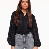 Elegante transparante blouse met bloemenpatroon – Zwart