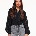 Elegante transparante blouse met bloemenpatroon – Zwart