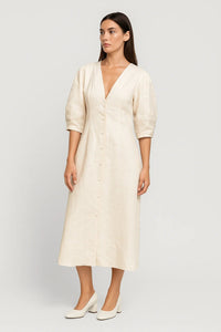 Elegante Midi Jurk met Knopen en V Hals