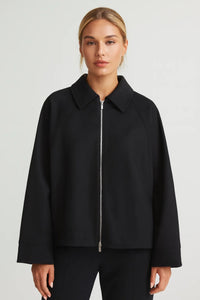 Oversized Zwarte Jas met Rits en Opstaande Kraag