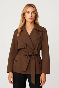 Elegante Korte Trenchcoat met Tailleband en Reverskraag