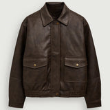Vintage Leren Jas met Kraag en Knoopsluiting