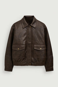 Vintage Leren Jas met Kraag en Knoopsluiting