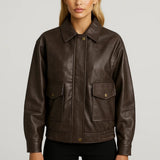 Vintage Leren Jas met Kraag en Knoopsluiting