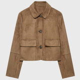 Dames Suède Look Cropped Jas met Knopen en Zakken