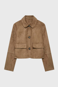 Dames Suède Look Cropped Jas met Knopen en Zakken