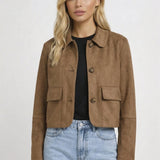Dames Suède Look Cropped Jas met Knopen en Zakken