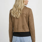 Dames Suède Look Cropped Jas met Knopen en Zakken