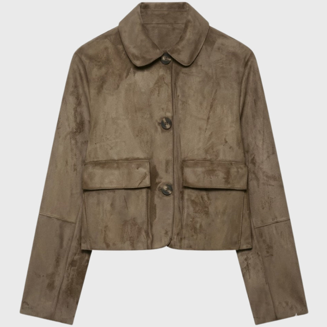 Dames Suède Look Cropped Jas met Knopen en Zakken