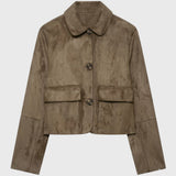 Dames Suède Look Cropped Jas met Knopen en Zakken
