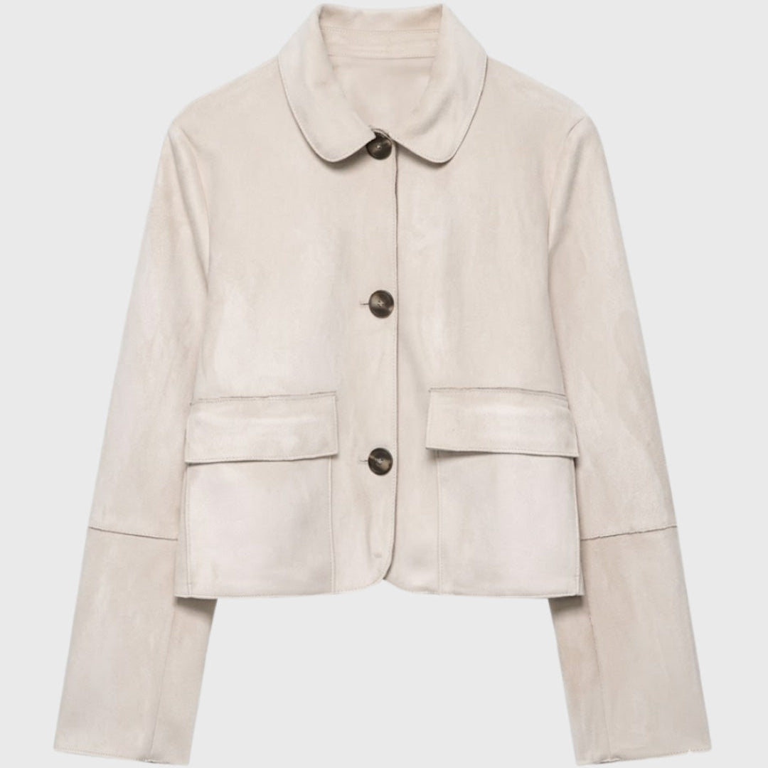 Dames Suède Look Cropped Jas met Knopen en Zakken