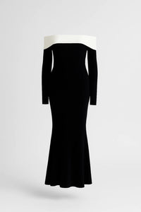 Elegante off shoulder lange avondjurk met contrast halslijn