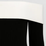 Elegante off shoulder lange avondjurk met contrast halslijn