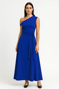 Blauwe Elegante One Shoulder Maxi Jurk
