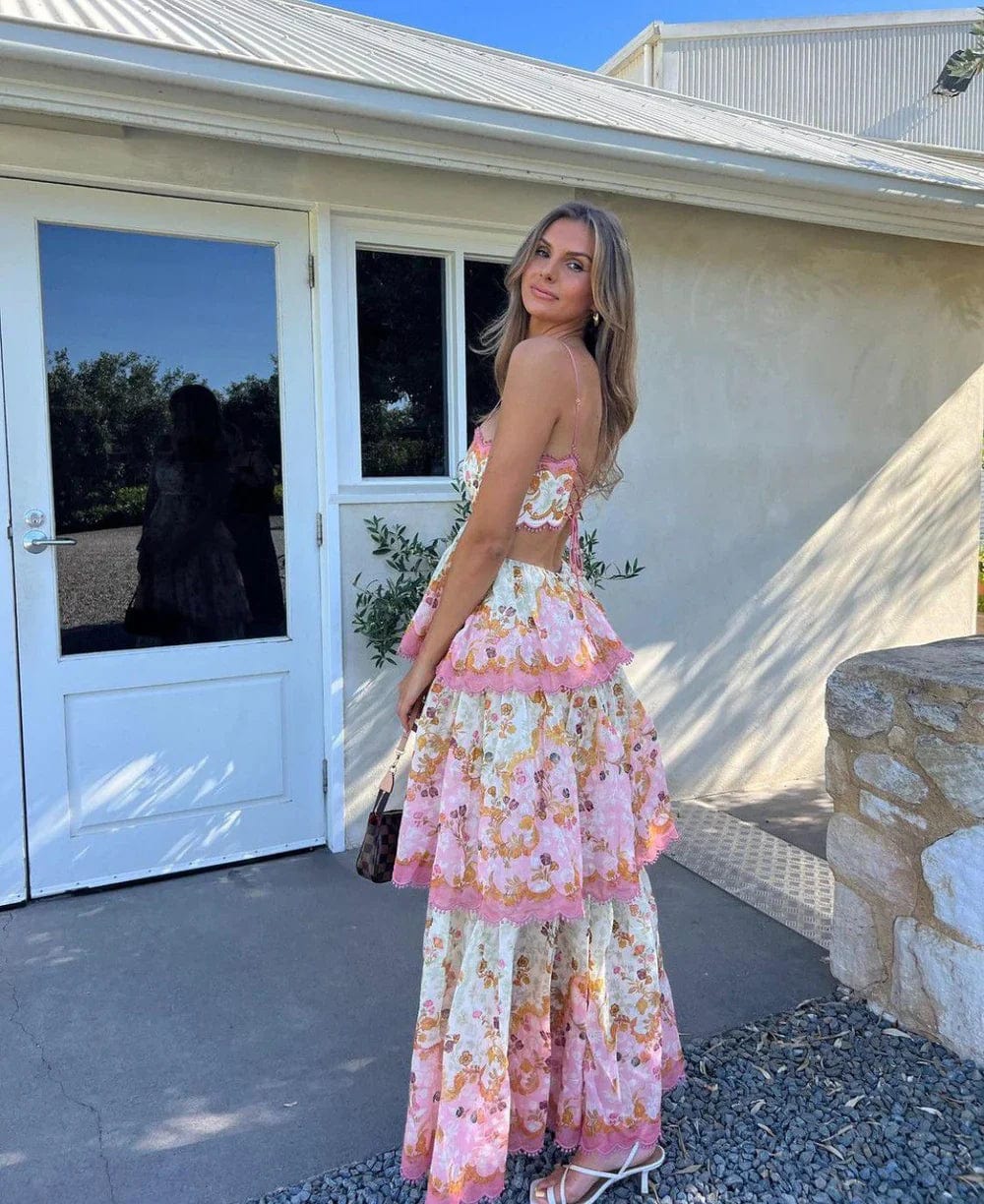 Odetta | Romantische Bloemen Maxidress met Rugkant-Details
