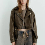 Jenne | Oversized Cropped Bikerjacke van Kunstleer met Riem