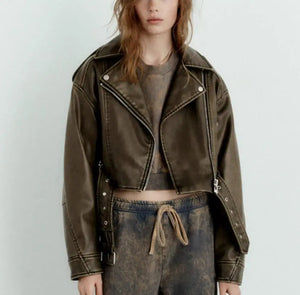 Jenne | Oversized Cropped Bikerjacke van Kunstleer met Riem