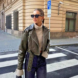Jenne | Oversized Cropped Bikerjacke van Kunstleer met Riem